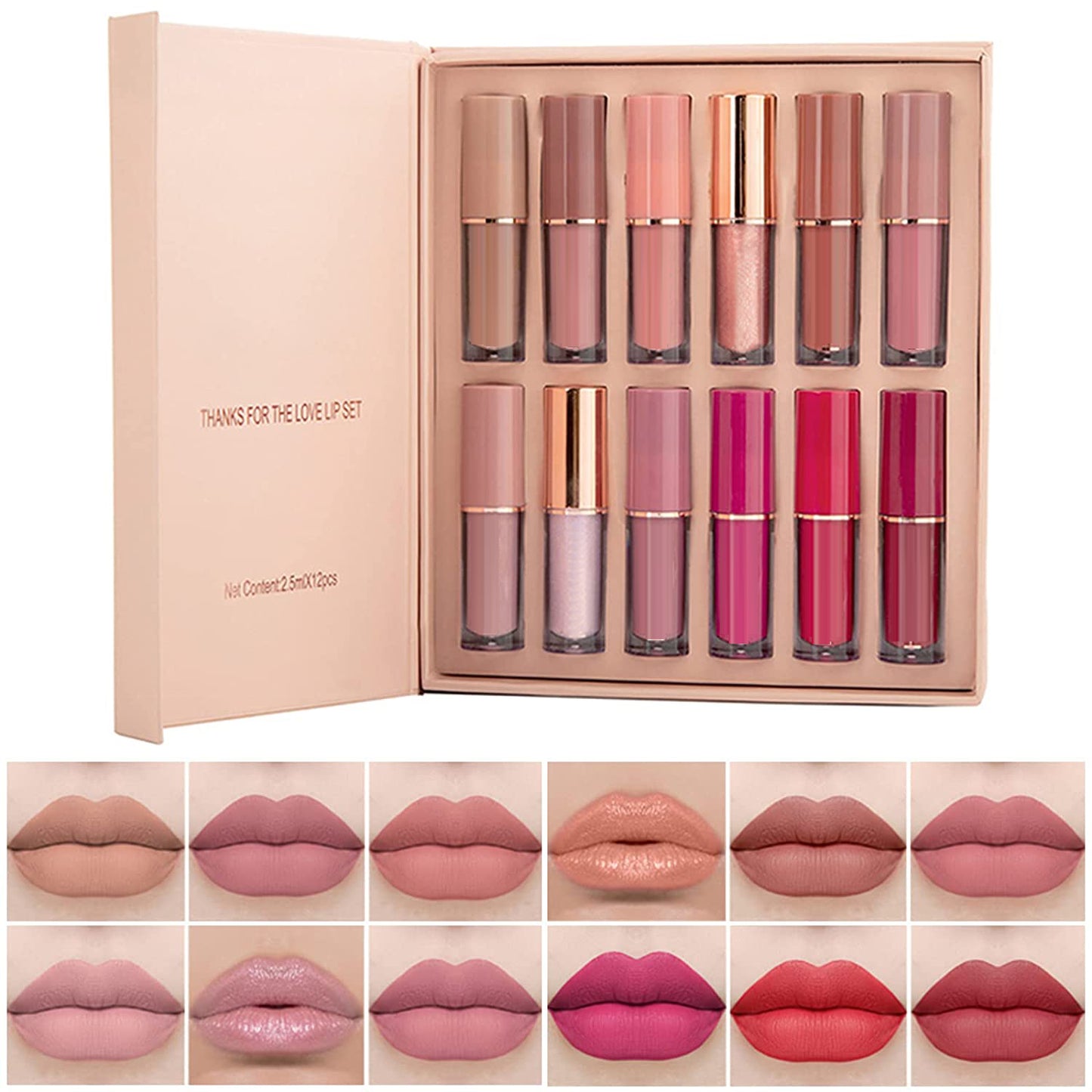 12Pcs Velvet Matte Liquid Lipstick Set, Waterproof Long Lasting Non-Stick Cup