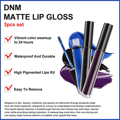 3Pcs Dark Blue Black Purple Matte Liquid Lipsticks