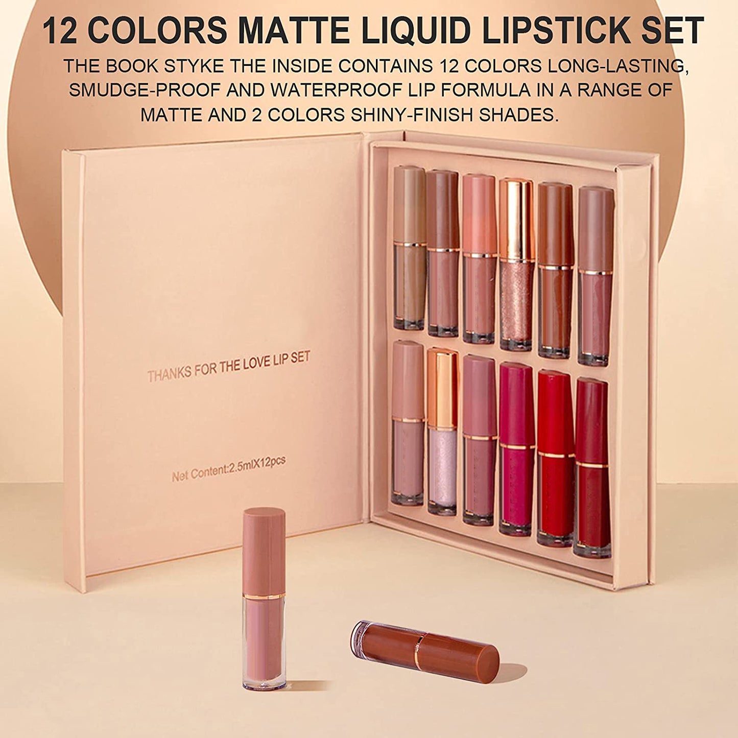 12Pcs Velvet Matte Liquid Lipstick Set, Waterproof Long Lasting Non-Stick Cup