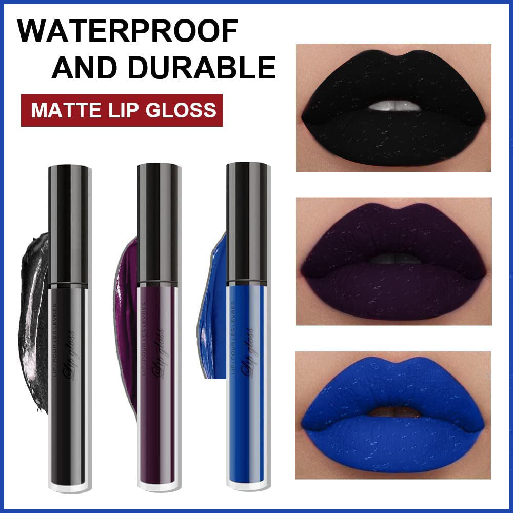 3Pcs Dark Blue Black Purple Matte Liquid Lipsticks