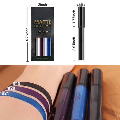 3Pcs Dark Blue Black Purple Matte Liquid Lipsticks