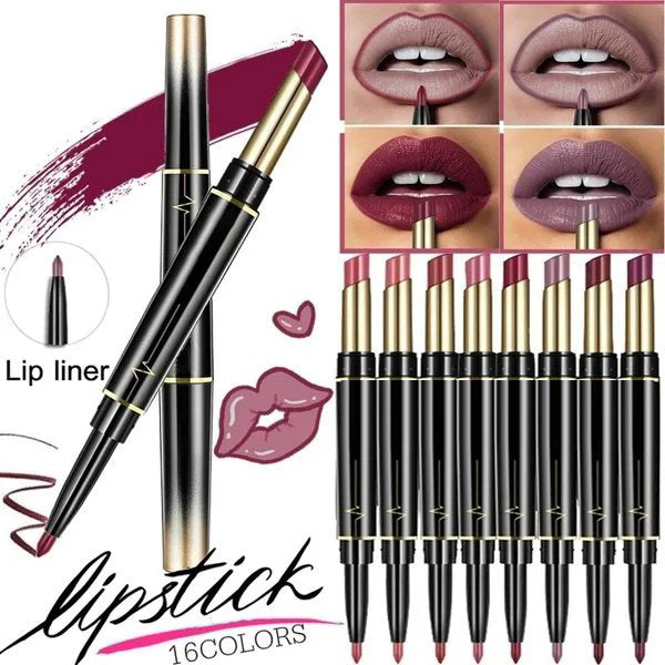Sexy 16 Colors Double-end Wateproof Matte Lipstick Long Lasting Lip Liner 2 in 1 Lipsticks