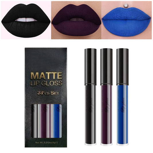 3Pcs Dark Blue Black Purple Matte Liquid Lipsticks