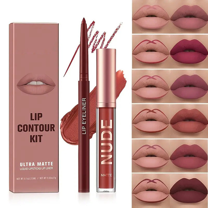Nude Lipsticks And Lip Liner Set, Matte Finish, Long Lasting, Waterproof